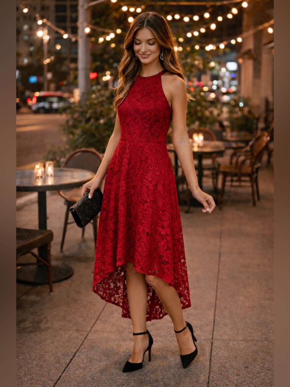 SHEIN Red Lace High Low Dress Small Elegant Romantic Party Dress